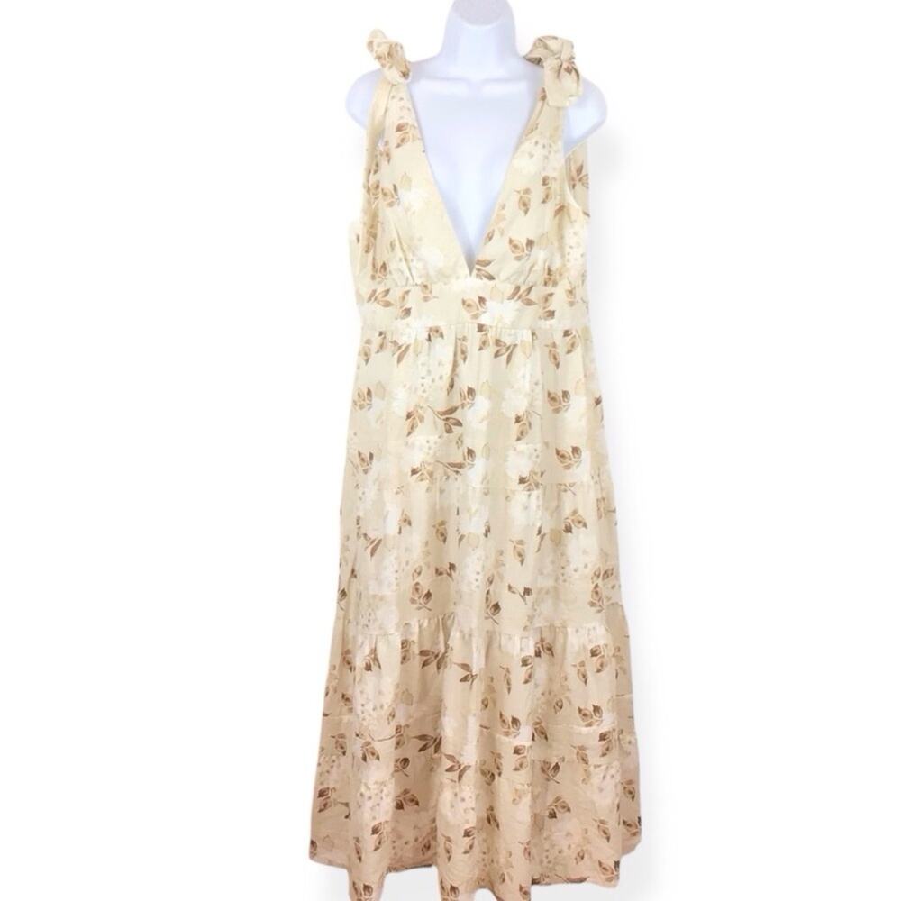 HOUSE OF HARLOW Linen V Neckline Tiered Ruffle Sleeveless Midi Dress L